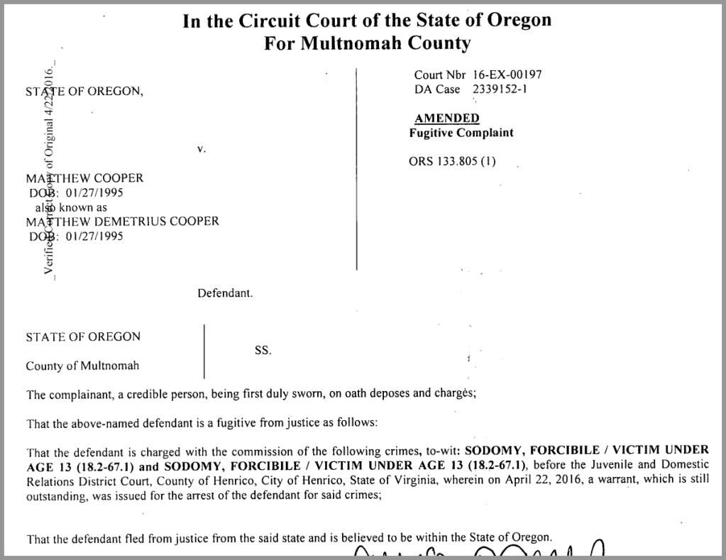 Oregon Governor's Warrant of Arrest and Extradiition
