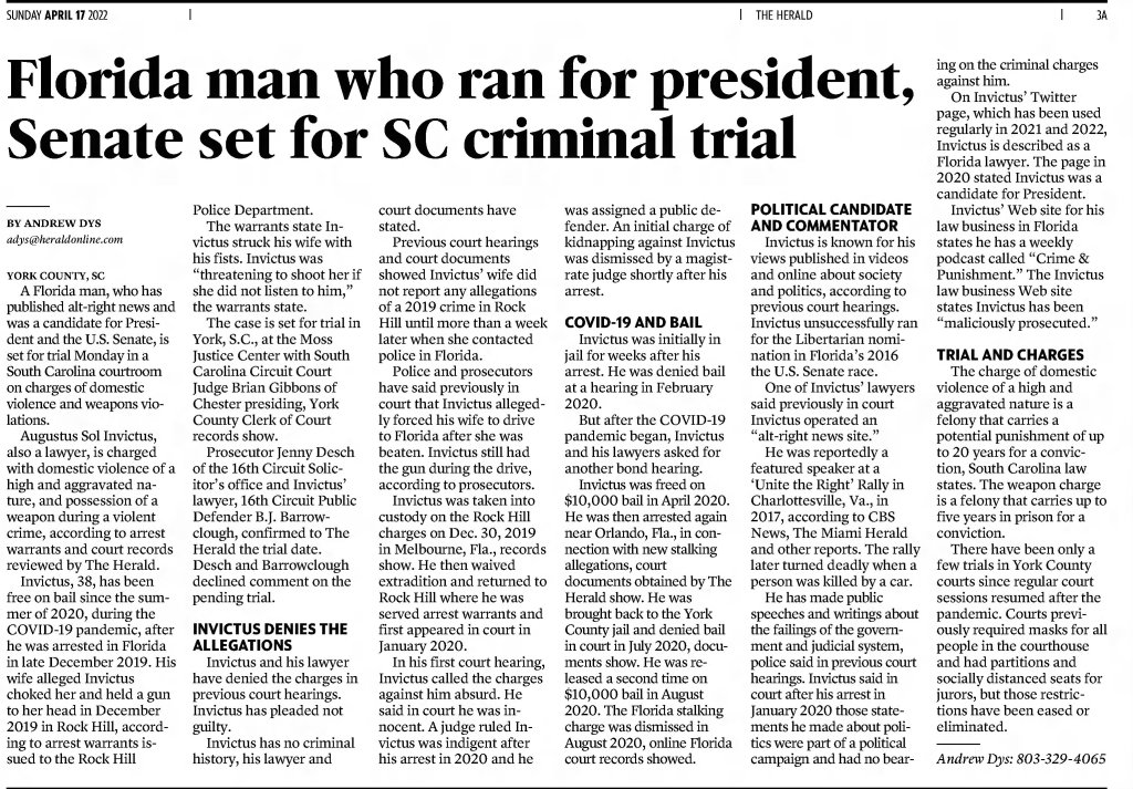 Florida man who ran for president, Senate set for SC criminal trial
The Herald
Rock Hill, South Carolina · Sunday, April 17, 2022