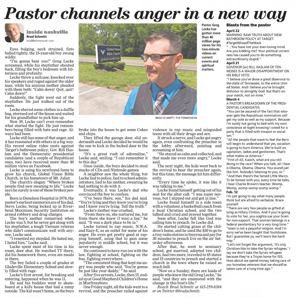 Pastor channels anger in a new way
The Tennessean
Nashville, Tennessee · Monday, May 02, 2016