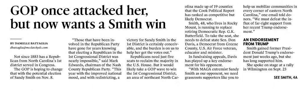 GOP once attacked her, but now wants a Smith win
The Herald-Sun
Durham, North Carolina · Friday, November 04, 2022