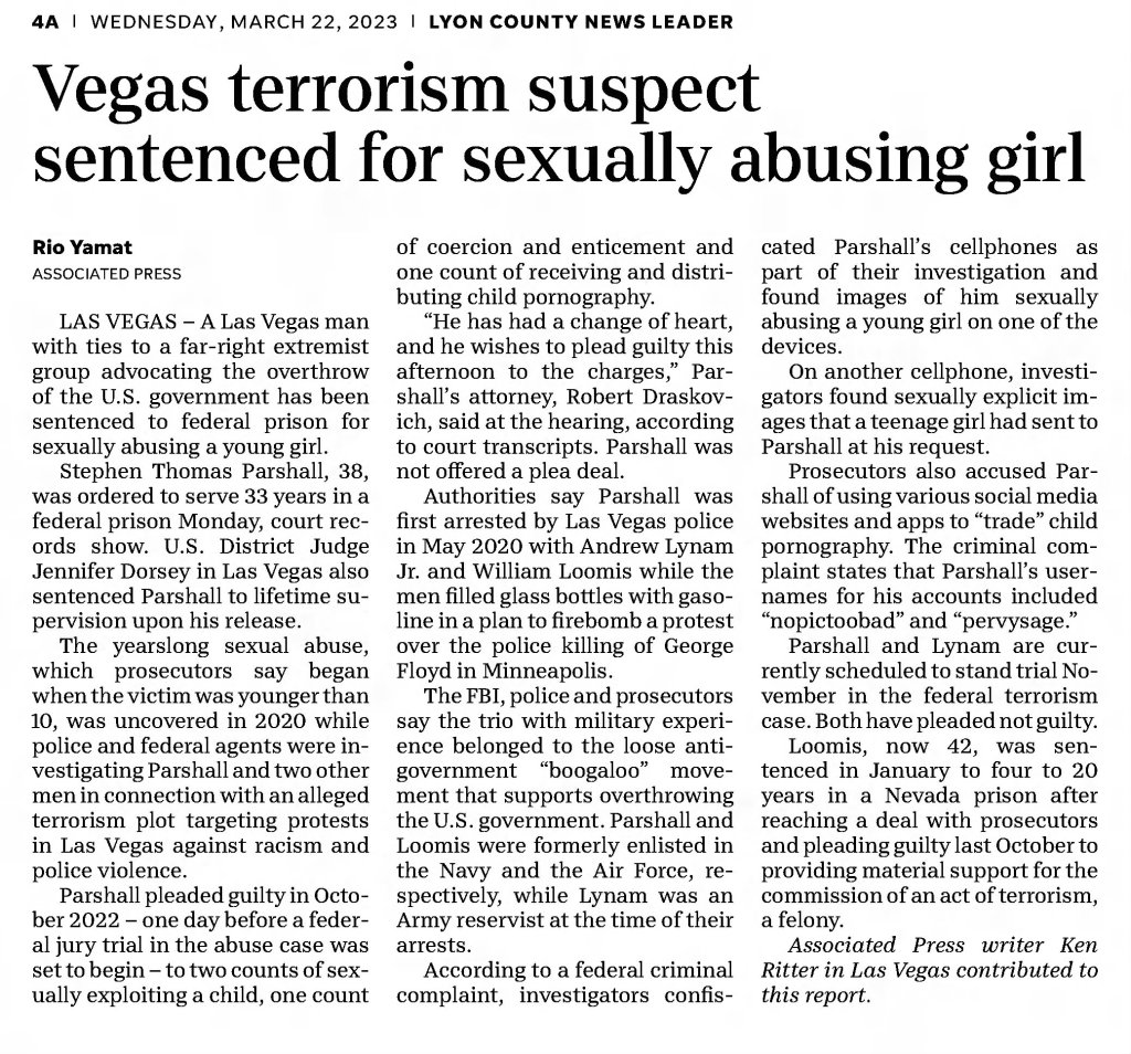 Vegas terrorism suspect sentenced for sexually abusing girl 
Reno Gazette-Journal
Reno, Nevada · Wednesday, March 22, 2023