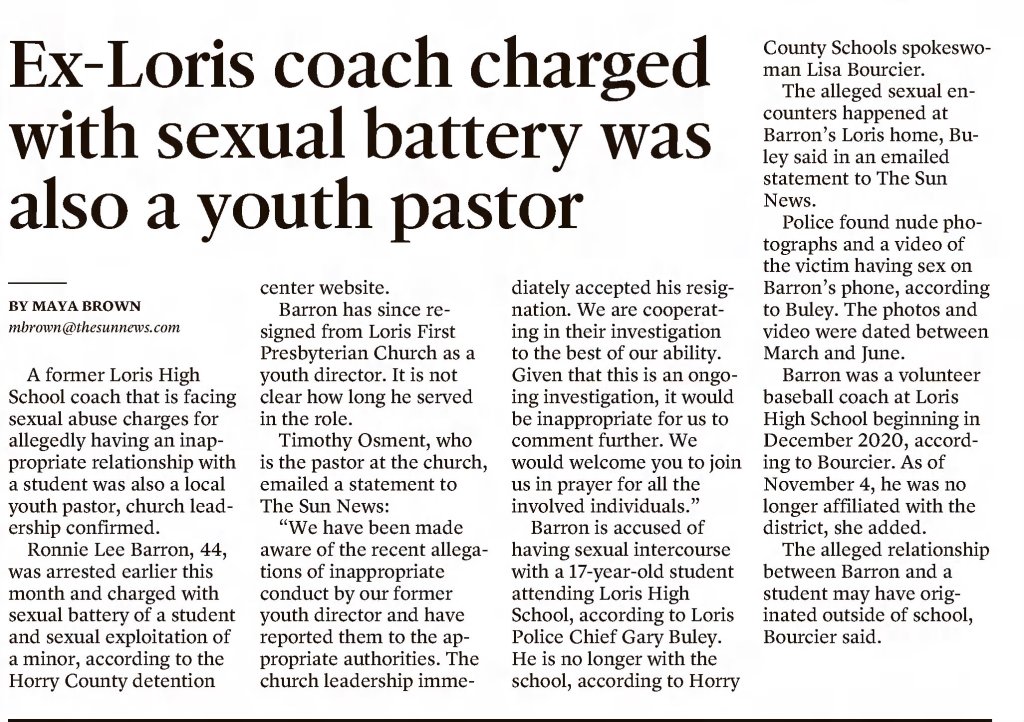 Ex-Loris coach charged with sexual battery was also a youth pastor 
Sun-News
Myrtle Beach, South Carolina · Thursday, December 30, 2021