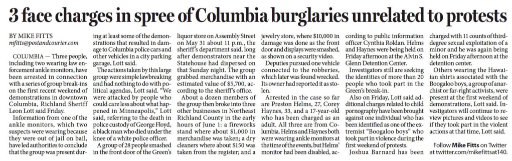3 face charges in spree of Columbia burglaries unrelated to protests
Post and Courier, The (Charleston, SC)
June 13, 2020