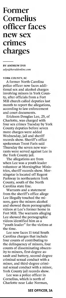 Former Cornelius officer faces new sex crimes charged. 
×
The Herald
Rock Hill, South Carolina · Friday, May 05, 2023