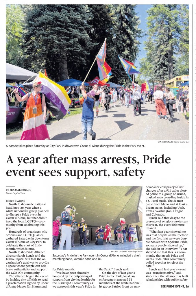 A year after mass arrests, Pride event sees support, safety 
The Idaho Statesman
Boise, Idaho · Wednesday, June 07, 2023
Read HEre https://www.idahostatesman.com/news/northwest/idaho/article276112861.html
